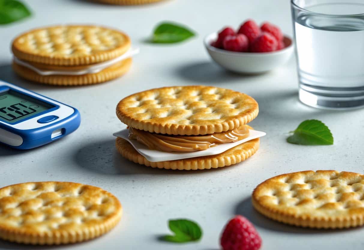 Close-up of a cracker sandwich with healthy filling, a glucometer showing normal blood sugar, fresh berries, and a glass of water on a light background.