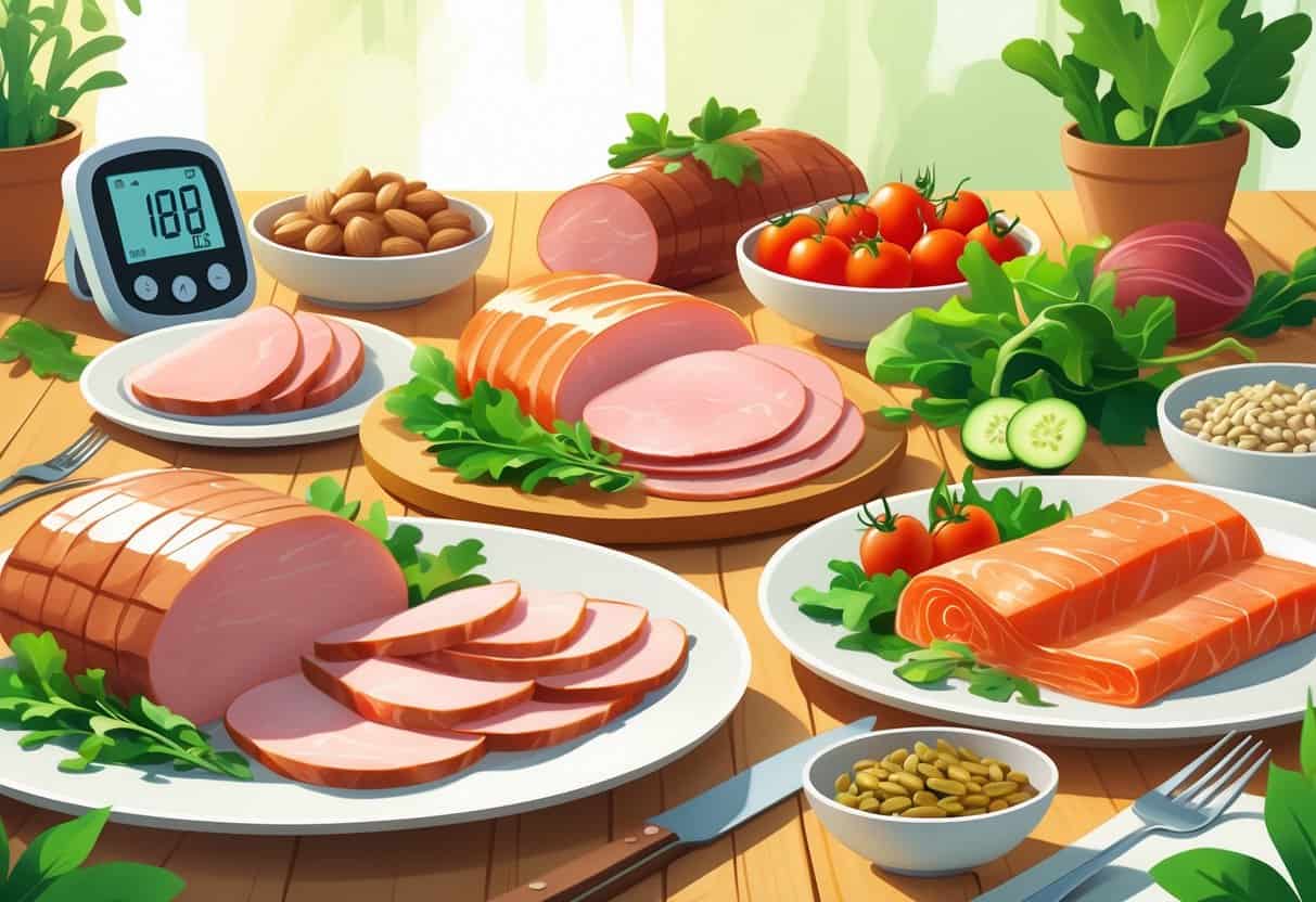 A table displaying various smoked meats alongside fresh vegetables and a glucose monitor, illustrating healthy food choices for diabetics.