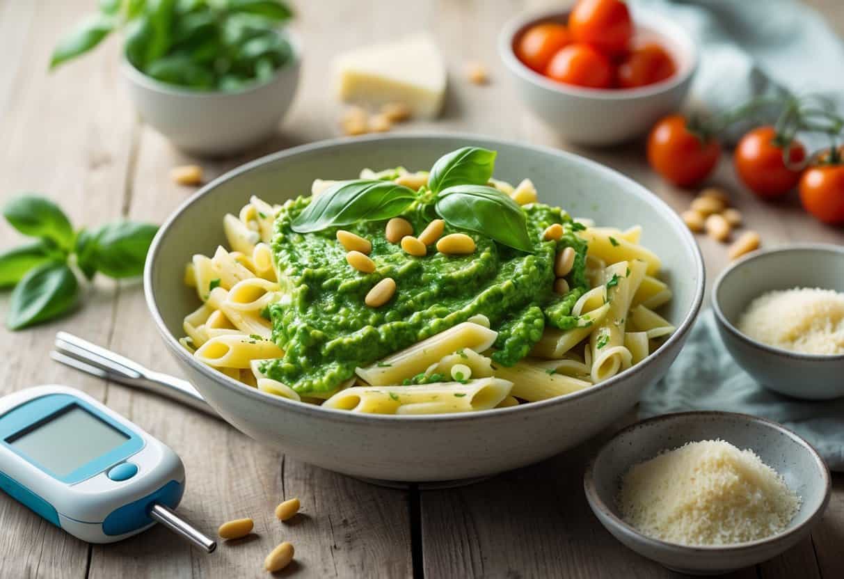 A bowl of pasta with green pesto sauce, basil leaves, and pine nuts on a wooden table with a glucose meter and a food guide nearby.