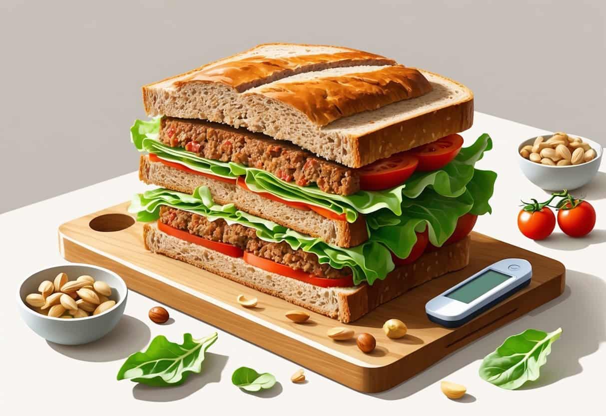 A meatloaf sandwich cut in half on a wooden board with fresh vegetables and a glucose meter nearby.