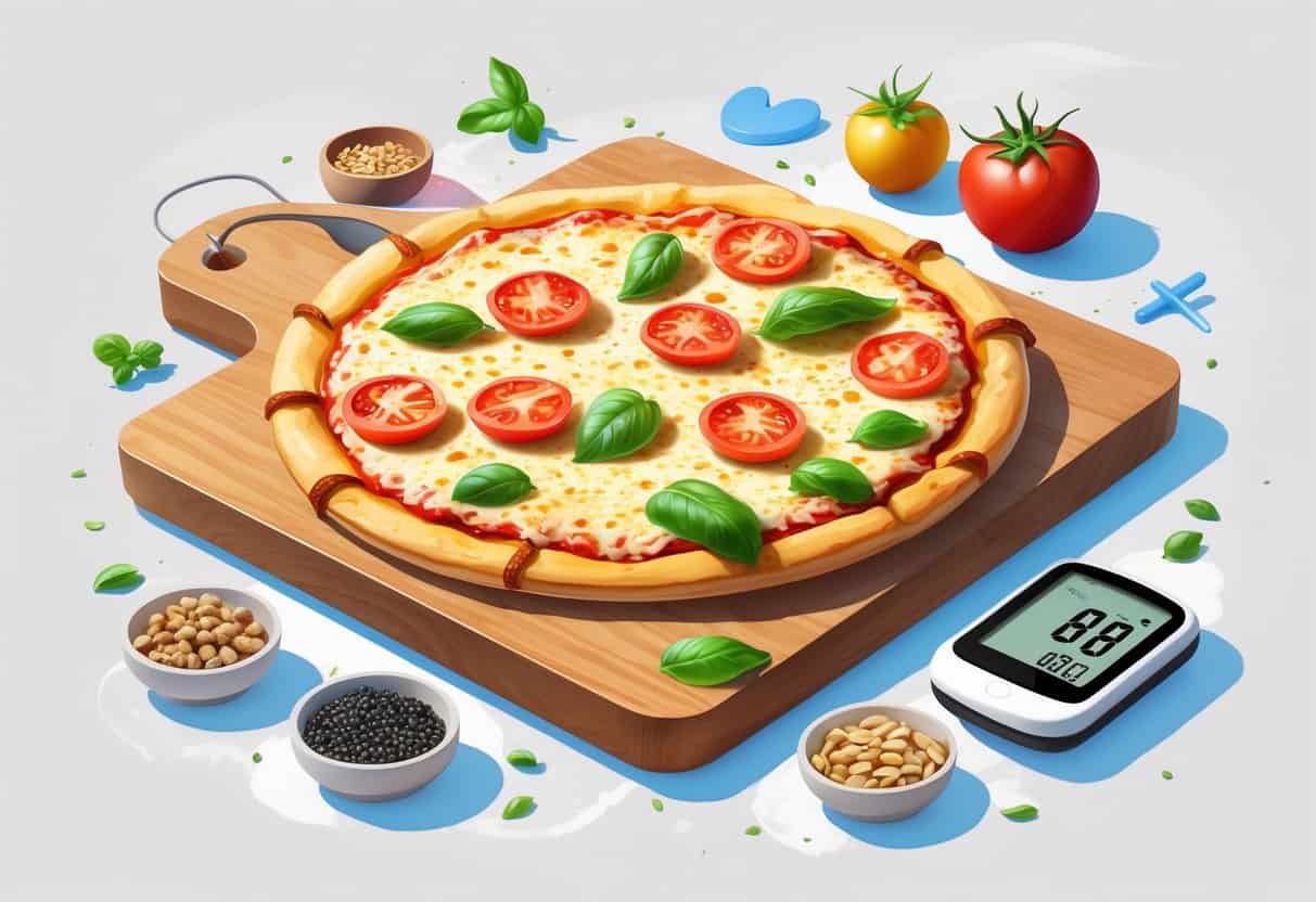A vegan cheese pizza with fresh toppings on a wooden board next to a glucose monitor showing stable blood sugar.