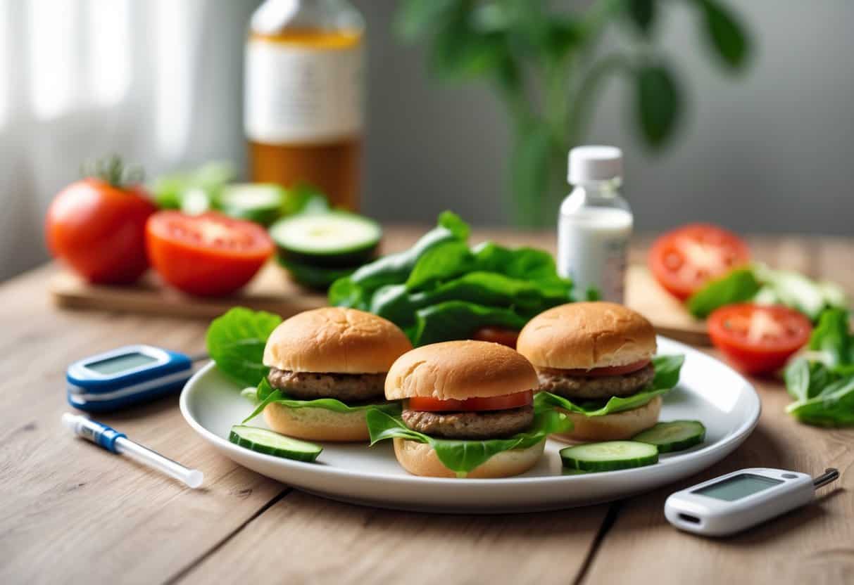 A plate with three mini burgers, fresh vegetables, a glucose meter, and an insulin bottle on a wooden table.