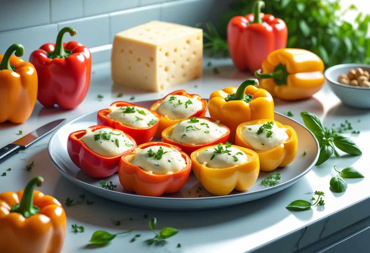 A plate of cheese-stuffed bell peppers with fresh ingredients and a glucose meter on a kitchen countertop.