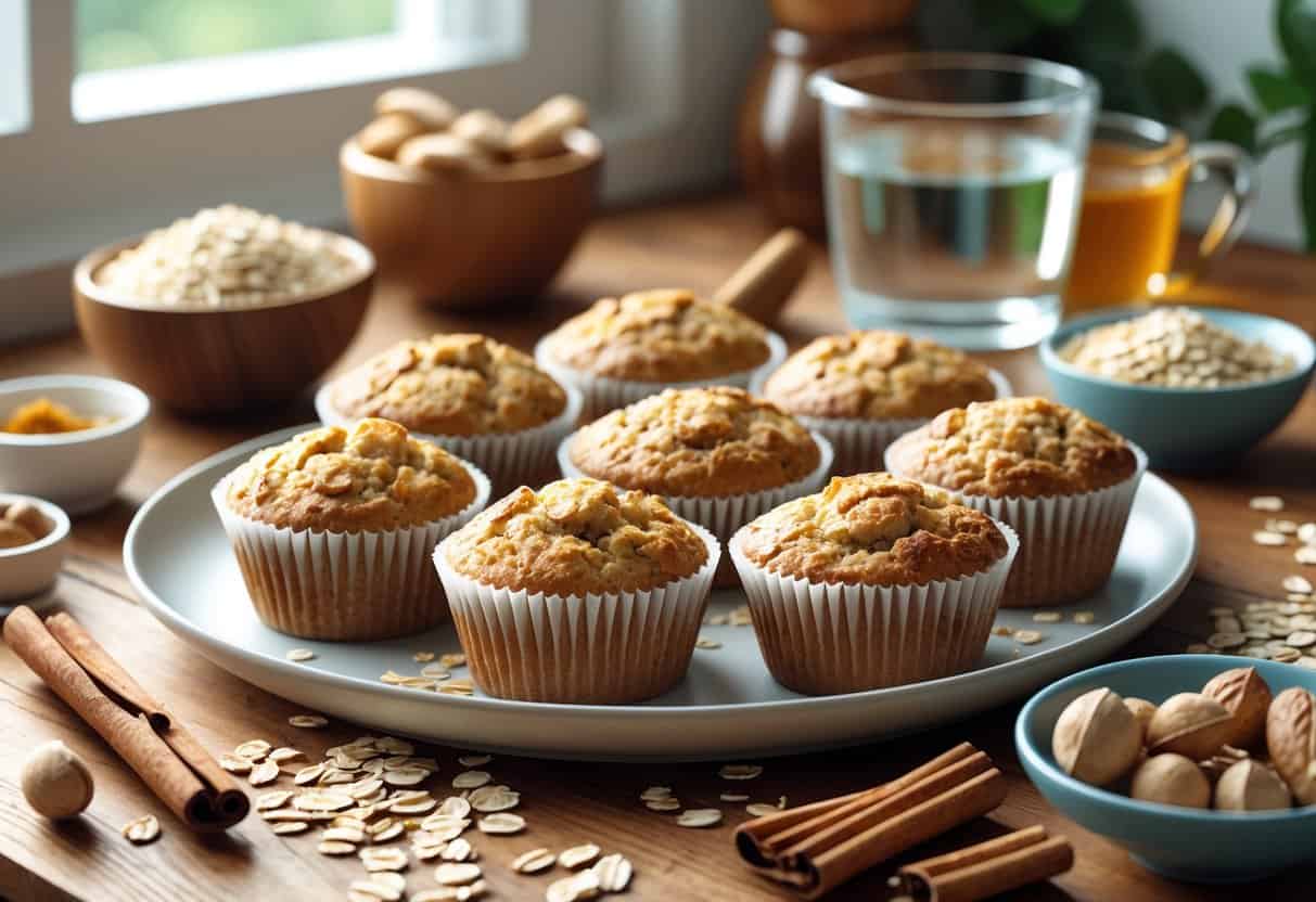 A plate of oat bran muffins on a wooden table with oats, cinnamon sticks, nuts, and a glass of water in a kitchen setting.