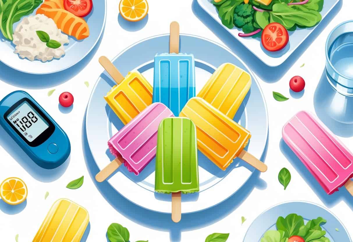 A plate of colorful sugar-free popsicles next to a glucometer and a balanced meal, representing diabetes-friendly food choices.