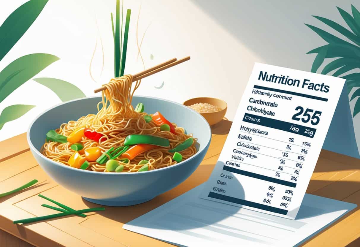 A bowl of Chow Mein noodles with vegetables on a table next to a nutrition chart showing carbohydrate content.