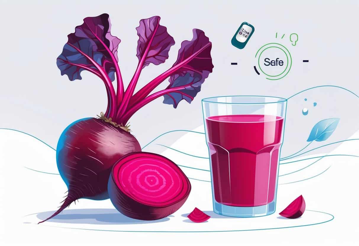 A fresh beetroot and a glass of beet juice next to icons representing balanced blood sugar levels.