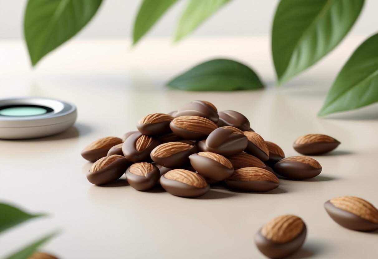 A close-up of chocolate-covered almonds with a glucose meter and healthy eating symbols nearby on a neutral surface.