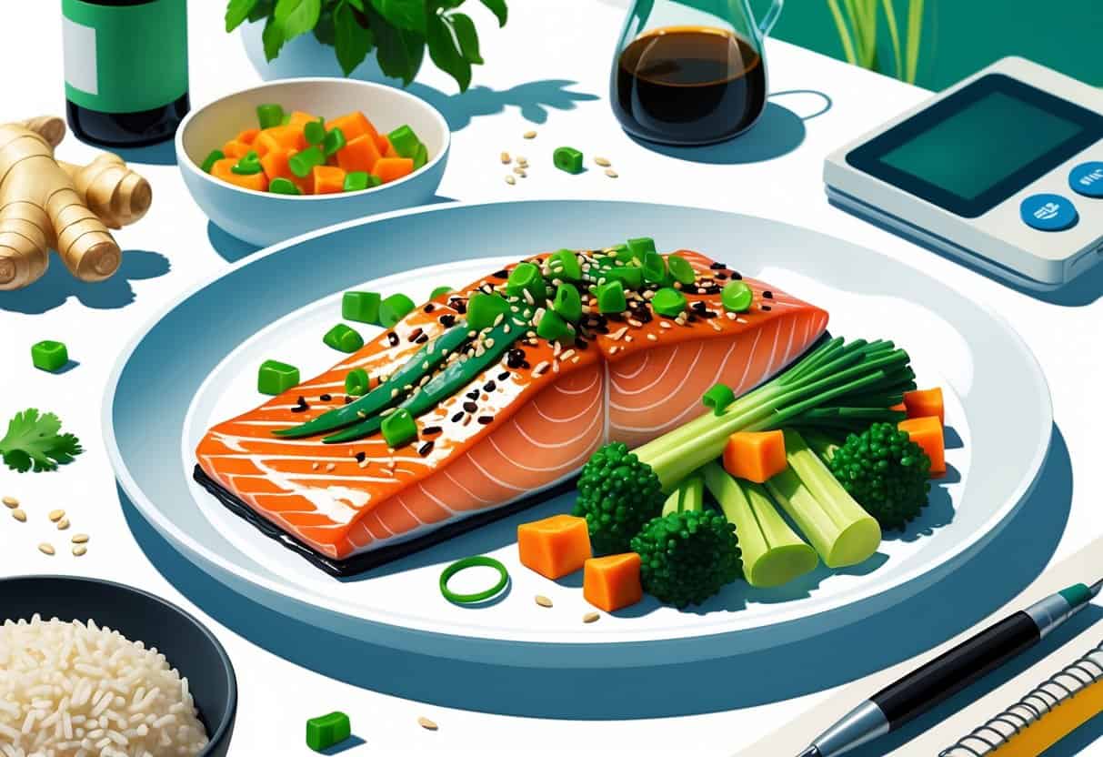A plate of teriyaki salmon with vegetables and brown rice on a kitchen countertop, with a glucose monitor and notebook nearby.