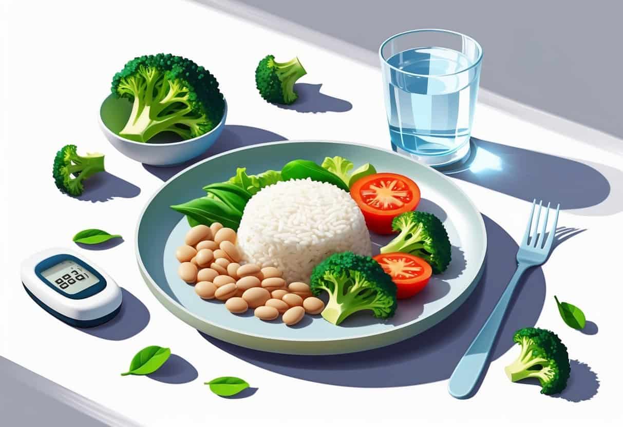 A plate with white rice, beans, and fresh vegetables, alongside a glucose meter and a glass of water on a light background.