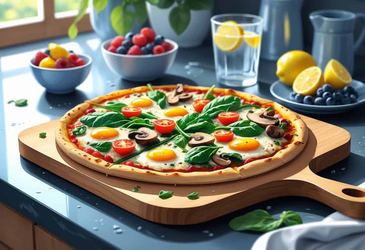 A breakfast pizza topped with eggs, spinach, tomatoes, and mushrooms on a wooden board, with a bowl of berries and a glass of water nearby on a kitchen countertop.