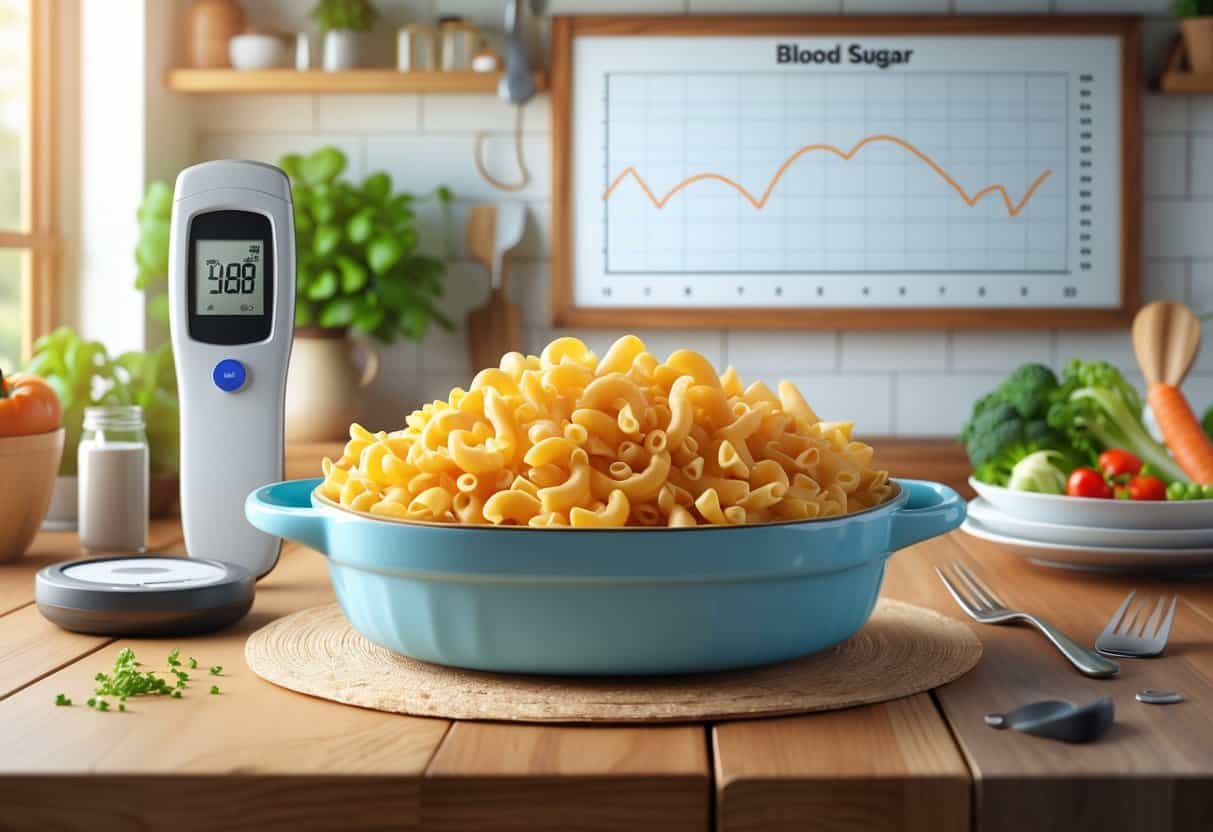 A baked macaroni dish on a wooden table with a glucose meter and healthy food items nearby, symbolizing blood sugar monitoring.