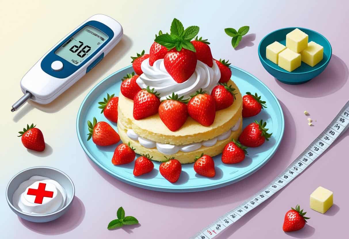 A plate with a strawberry shortcake surrounded by a glucometer, sugar cubes with a red cross, and a measuring tape.
