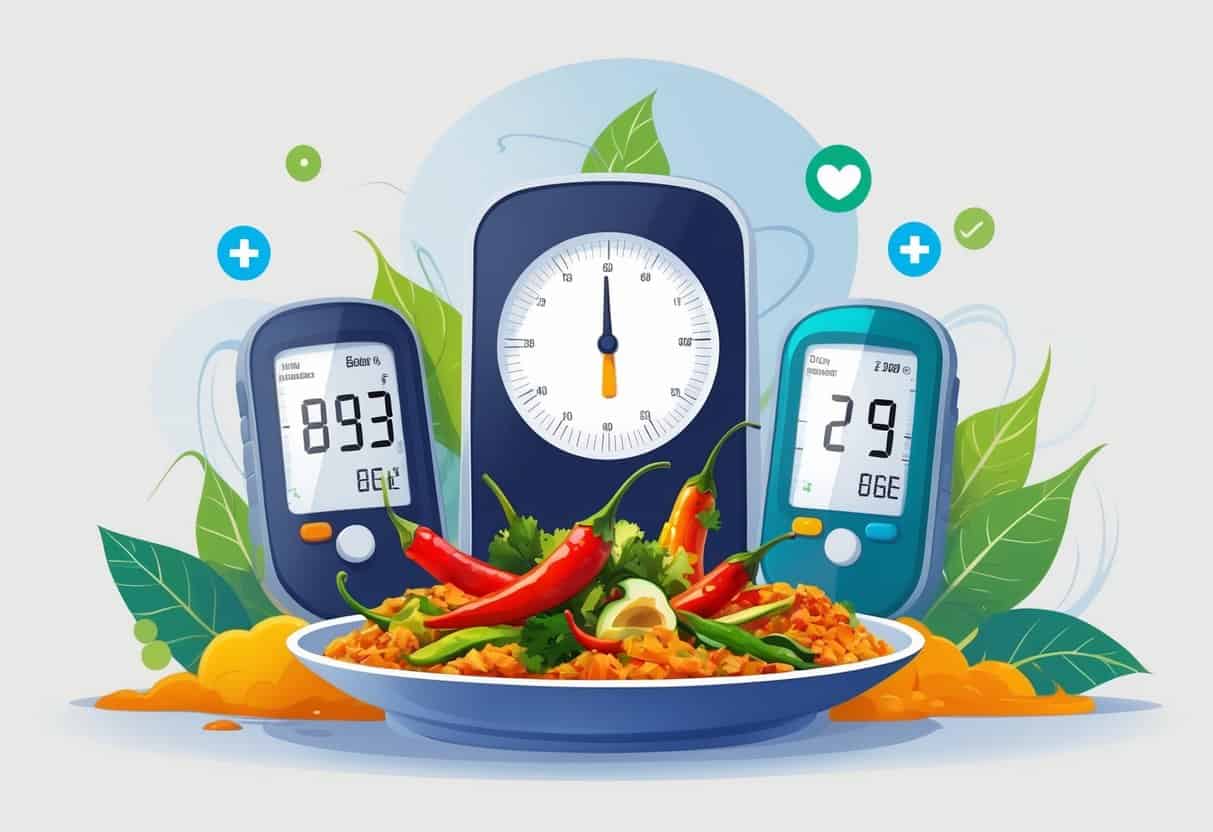A plate of spicy foods surrounded by blood glucose monitors showing different blood sugar levels, with symbolic glucose molecules flowing around.