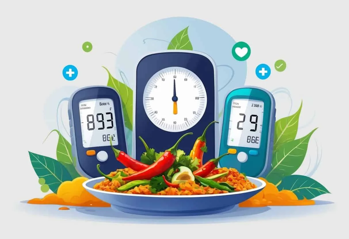 A plate of spicy foods surrounded by blood glucose monitors showing different blood sugar levels, with symbolic glucose molecules flowing around.