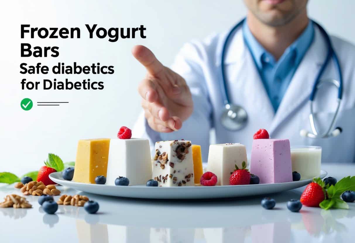 A plate of frozen yogurt bars with fresh berries and nuts, a healthcare professional approving them in the background.