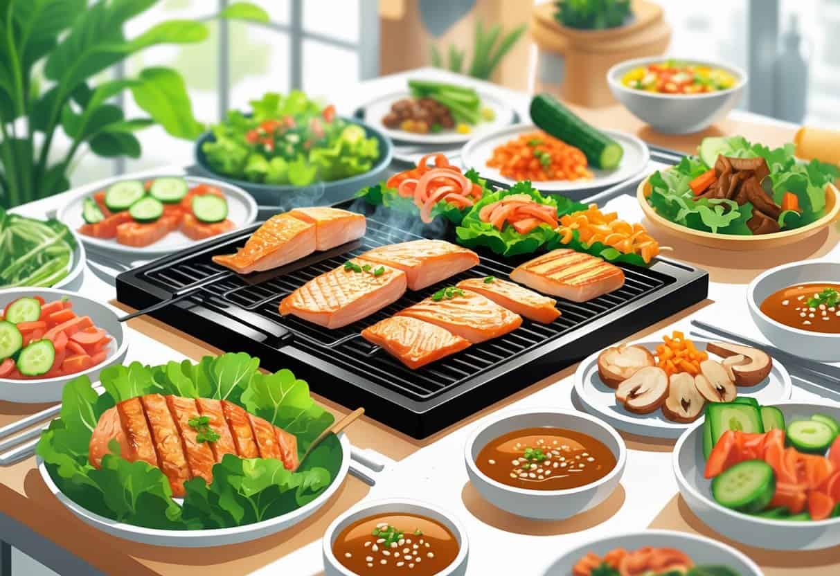 A table with Korean BBQ grill cooking lean meats and fresh vegetables arranged around it.