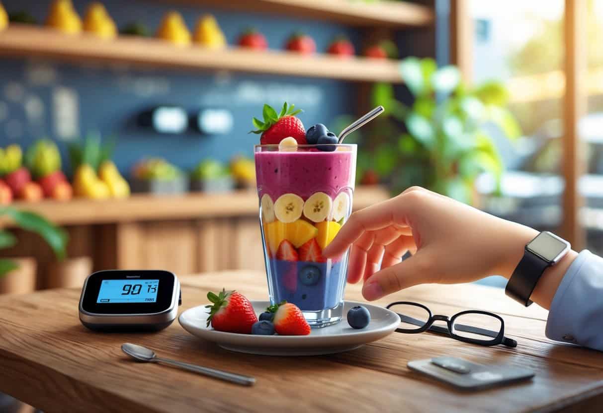A fruit smoothie on a table in a cafe next to a glucose monitor and eyeglasses, with a person reaching for the smoothie.