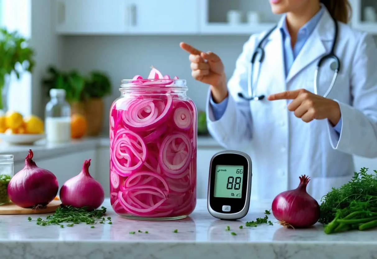 A kitchen scene with a jar of pickled onions, a glucose meter showing a healthy reading, fresh ingredients, and a healthcare professional explaining dietary choices.