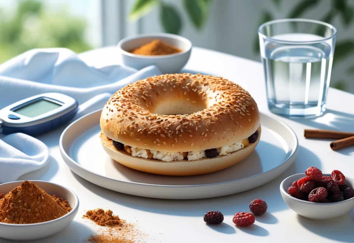 A cinnamon raisin bagel on a plate with a glucose meter, cinnamon powder, raisins, and a glass of water on a table.