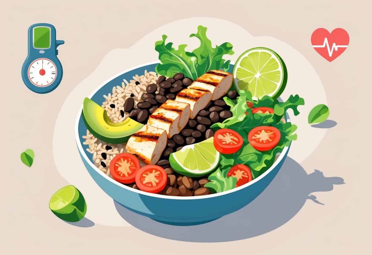 A colorful burrito bowl with grilled chicken, brown rice, beans, lettuce, tomatoes, and avocado on a wooden table with icons representing blood sugar monitoring in the background.