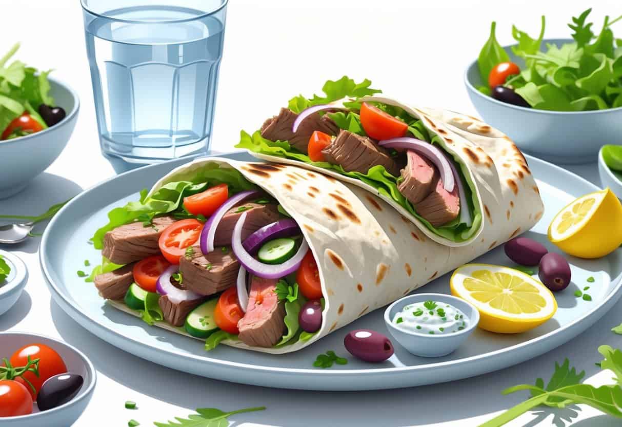 A plate with a lamb gyro wrap filled with grilled lamb and fresh vegetables, accompanied by small bowls of tzatziki sauce and salad, with a glass of water on a table that also has a glucose meter and insulin pen nearby.