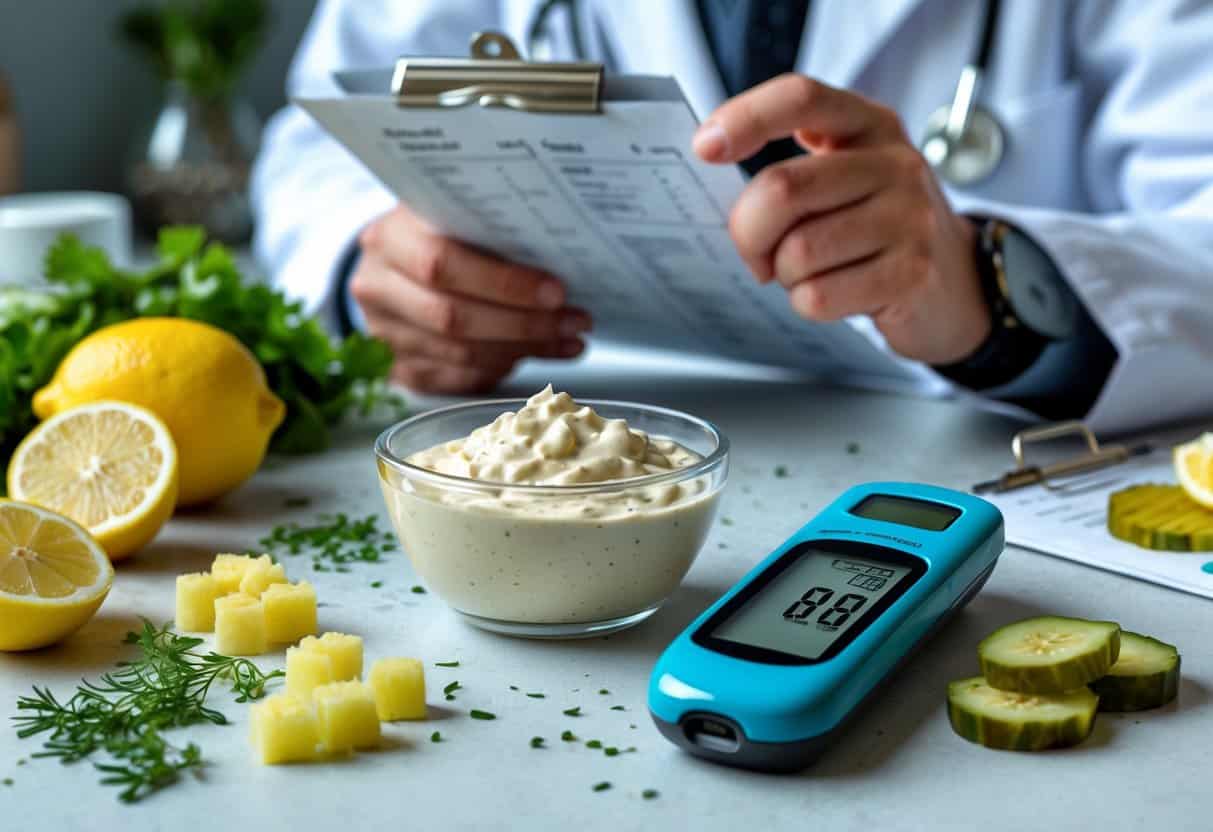 A kitchen countertop with a bowl of tartar sauce, sugar cubes, a glucose meter, fresh ingredients, and a person in a lab coat reviewing nutritional information.