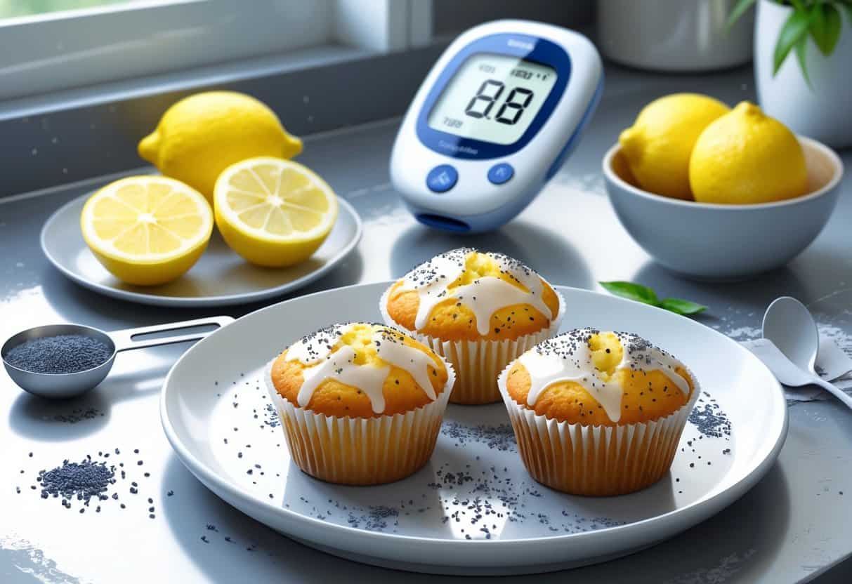 A plate with lemon poppy seed muffins, lemon slices, poppy seeds, a glucose meter, and a sugar substitute on a kitchen countertop.