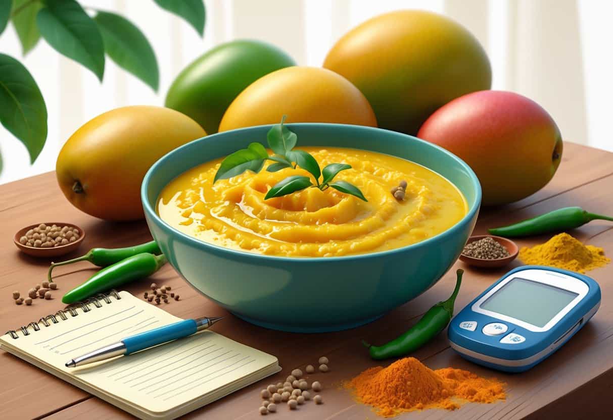 A bowl of mango chutney with mangoes, spices, and a glucose meter on a wooden table.