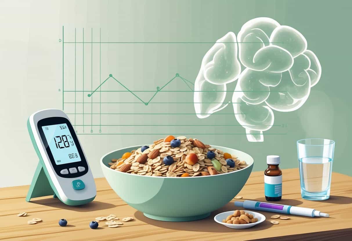 A bowl of muesli with nuts and dried fruits on a table, accompanied by a glucometer and a glass of water, with a faint background image representing blood sugar monitoring.