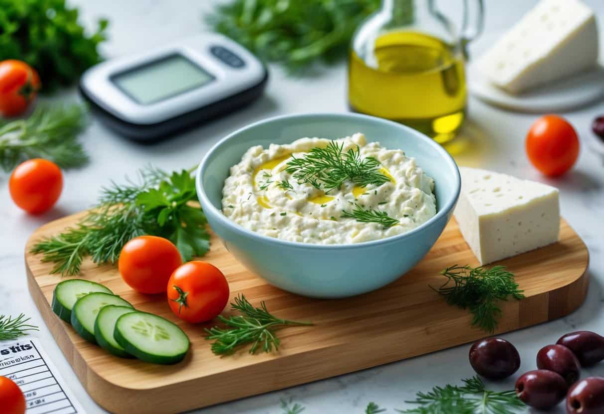 A bowl of Greek feta dip surrounded by fresh vegetables and herbs on a wooden board with a glucose monitor in the background.