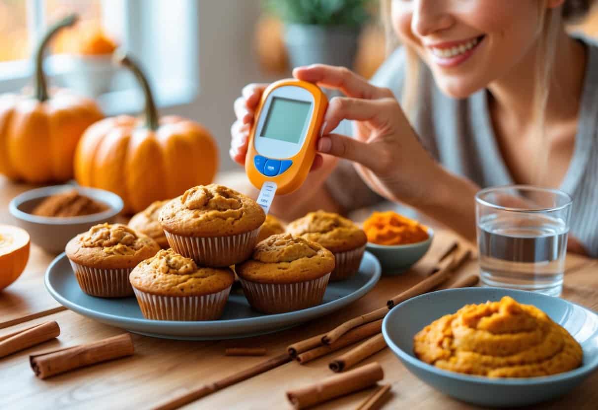 A person checking their blood sugar level next to a plate of pumpkin muffins and diabetic-friendly ingredients on a wooden table.
