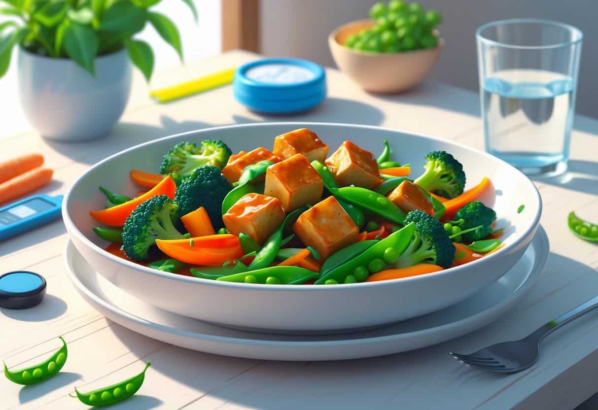 A colorful bowl of teriyaki-glazed vegetables and tofu on a table with a glass of water and a glucose monitor in the background.