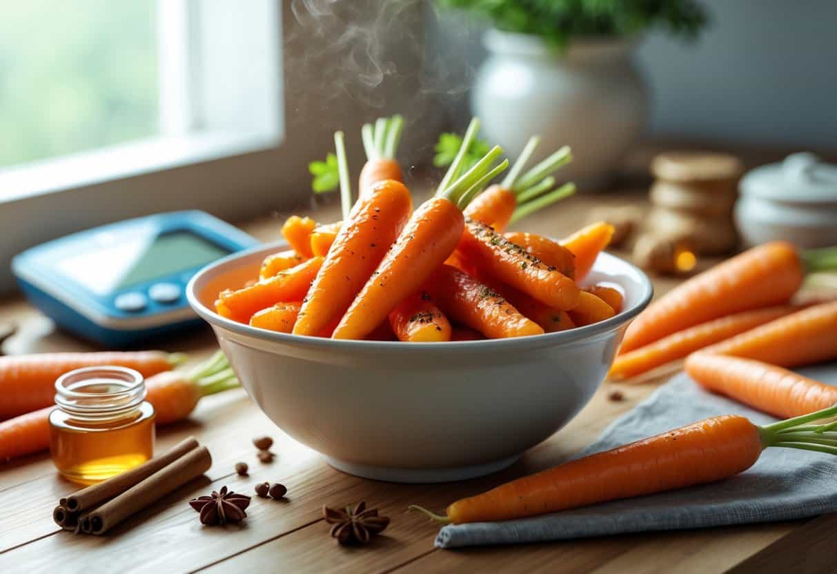 A bowl of sweet glazed carrots on a wooden table with fresh carrots, cinnamon sticks, honey, a glucose monitor, and a cookbook in the background.