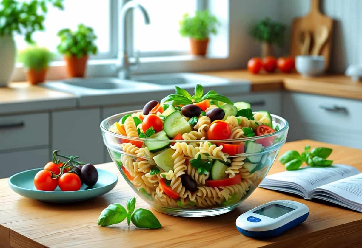 A bowl of colorful cold pasta salad on a kitchen table with a glucose meter and a healthy food guide nearby.