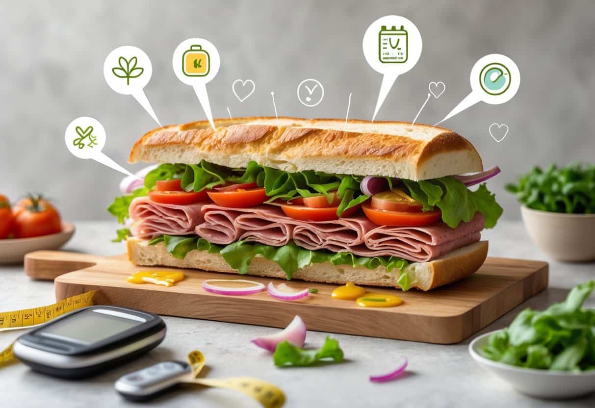 A cross-section of an Italian sub sandwich with fresh ingredients on a cutting board, surrounded by health-related icons like a glucose monitor and vegetables.