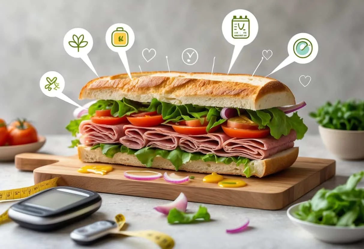 A cross-section of an Italian sub sandwich with fresh ingredients on a cutting board, surrounded by health-related icons like a glucose monitor and vegetables.