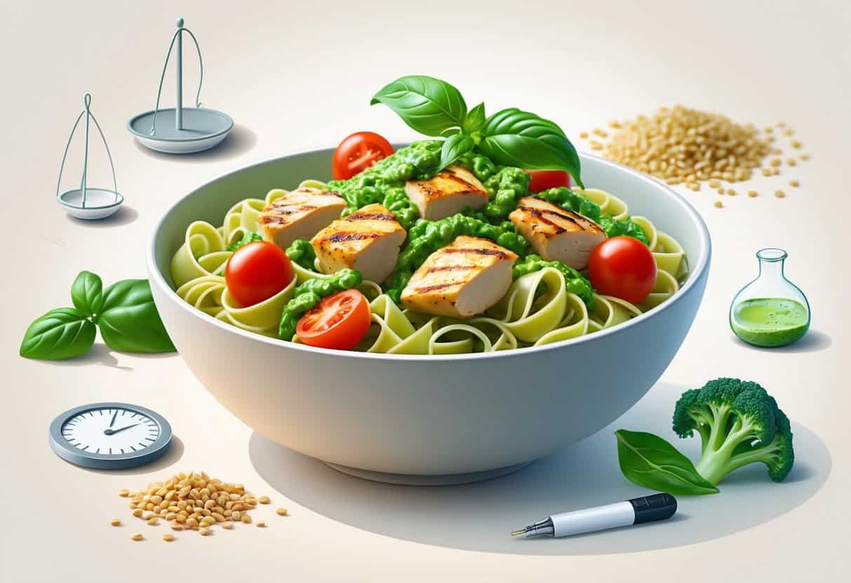 A bowl of chicken pesto pasta with grilled chicken, cherry tomatoes, and basil, accompanied by symbols of blood sugar control and healthy vegetables around it.