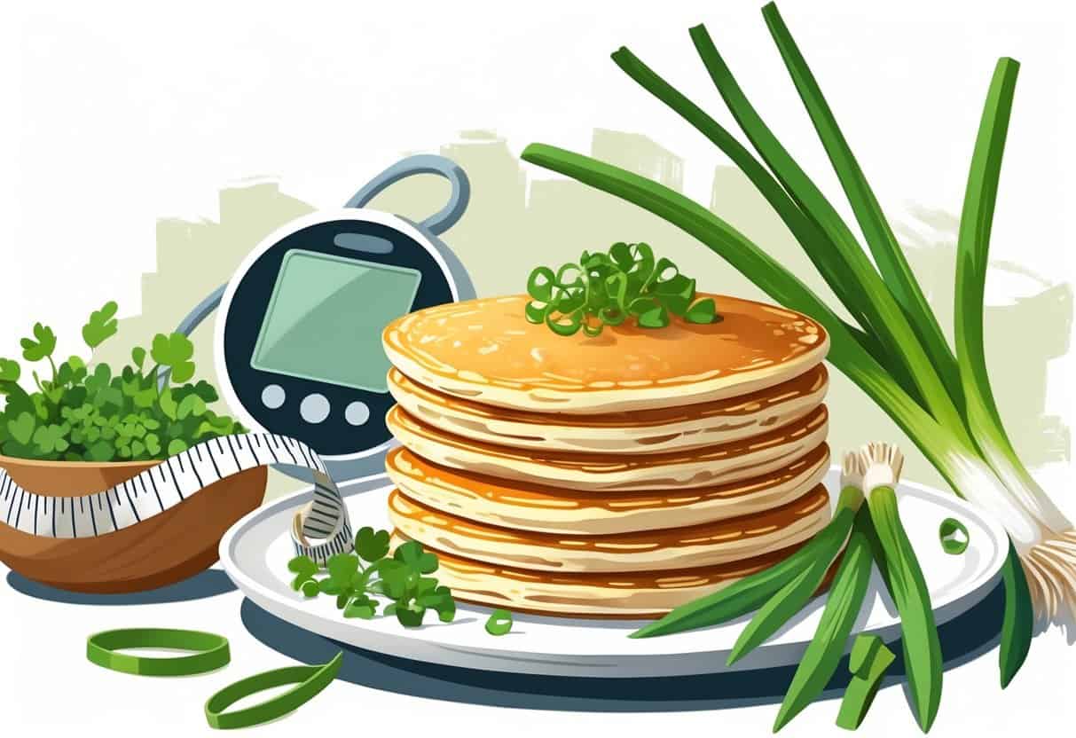 A plate of golden spring onion pancakes with fresh spring onions, a measuring tape, a glucose monitor, and fresh vegetables on a kitchen counter.