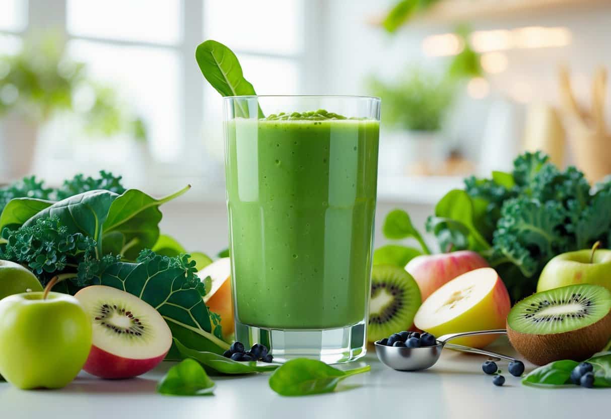 A glass of green smoothie surrounded by fresh leafy greens and fruits on a kitchen counter.