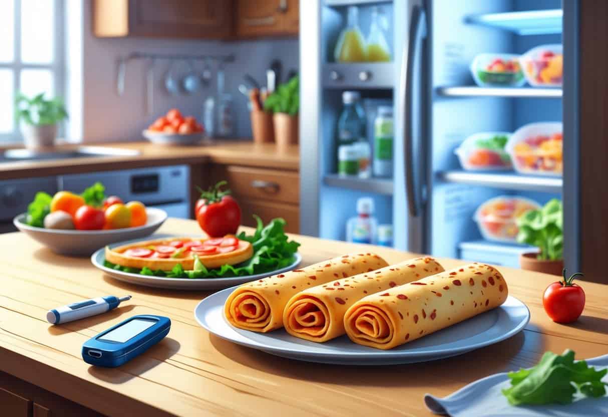A kitchen table with a plate of frozen pizza rolls, a glucose meter, an insulin pen, and a balanced meal plate with vegetables and fruits.