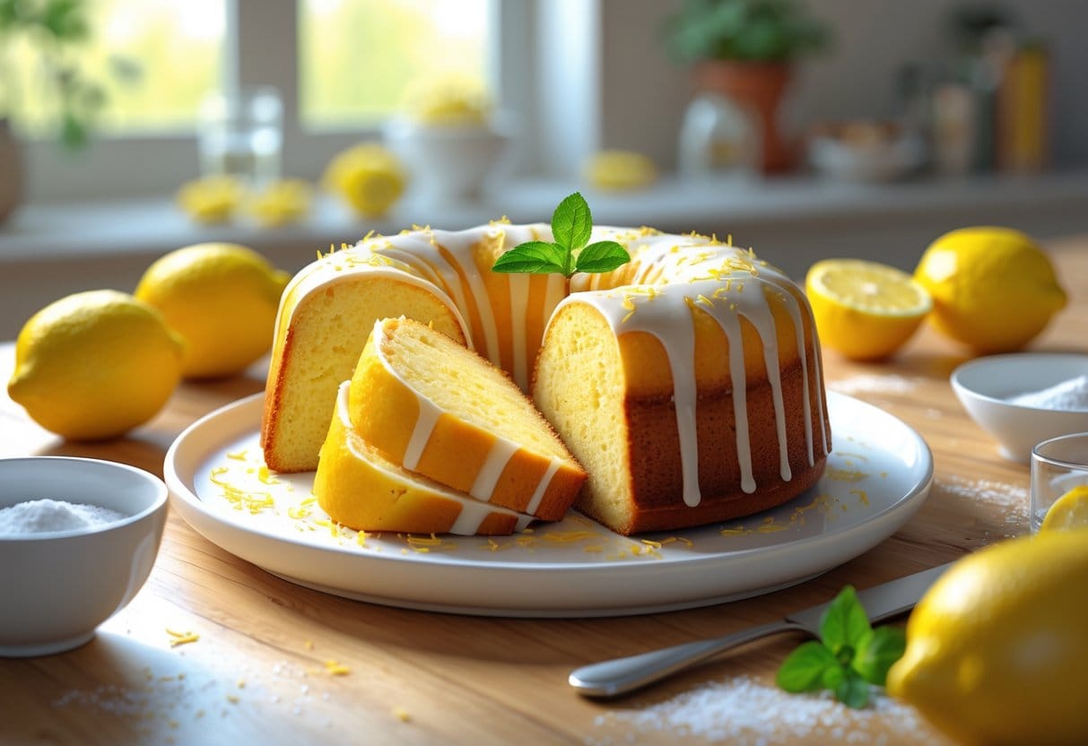 A sliced lemon pound cake on a plate with fresh lemons and a sprig of mint on a wooden table in a cozy kitchen setting.