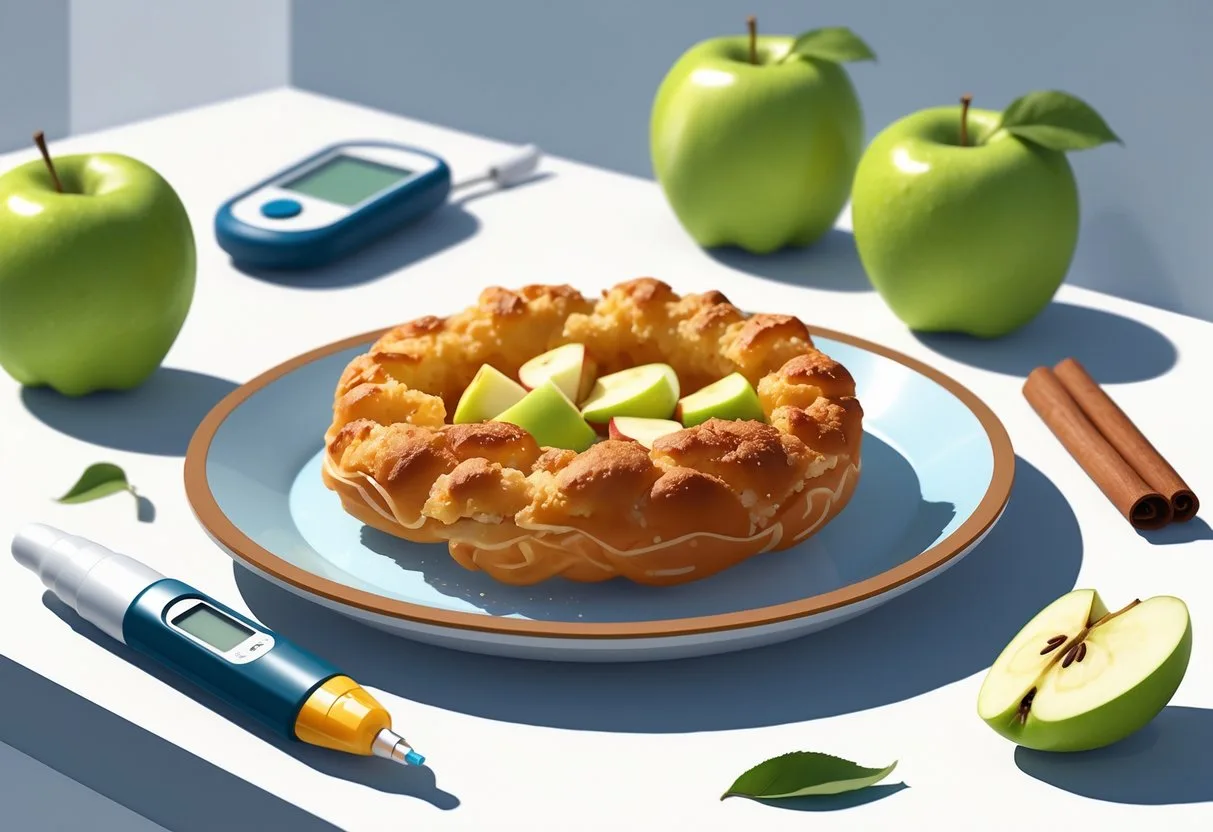 A plate with an apple fritter surrounded by a glucose meter, insulin pen, fresh apples, and cinnamon sticks on a light table.
