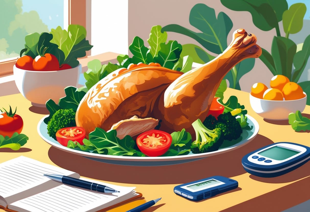 A cooked turkey leg on a plate with fresh vegetables, a glucose meter, and a notebook on a dining table.