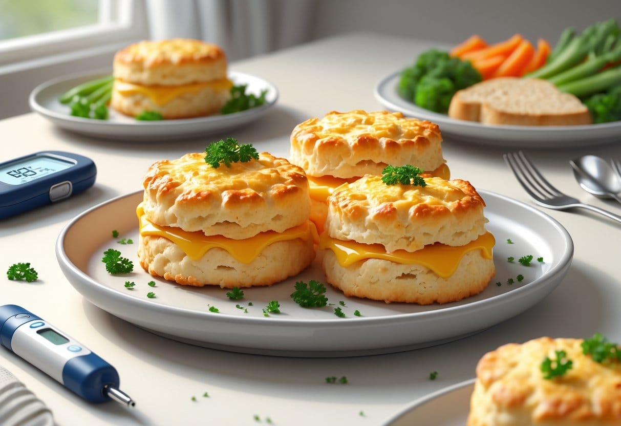 A plate of cheddar bay biscuits with a glucometer and insulin pen nearby on a table, alongside a balanced meal.