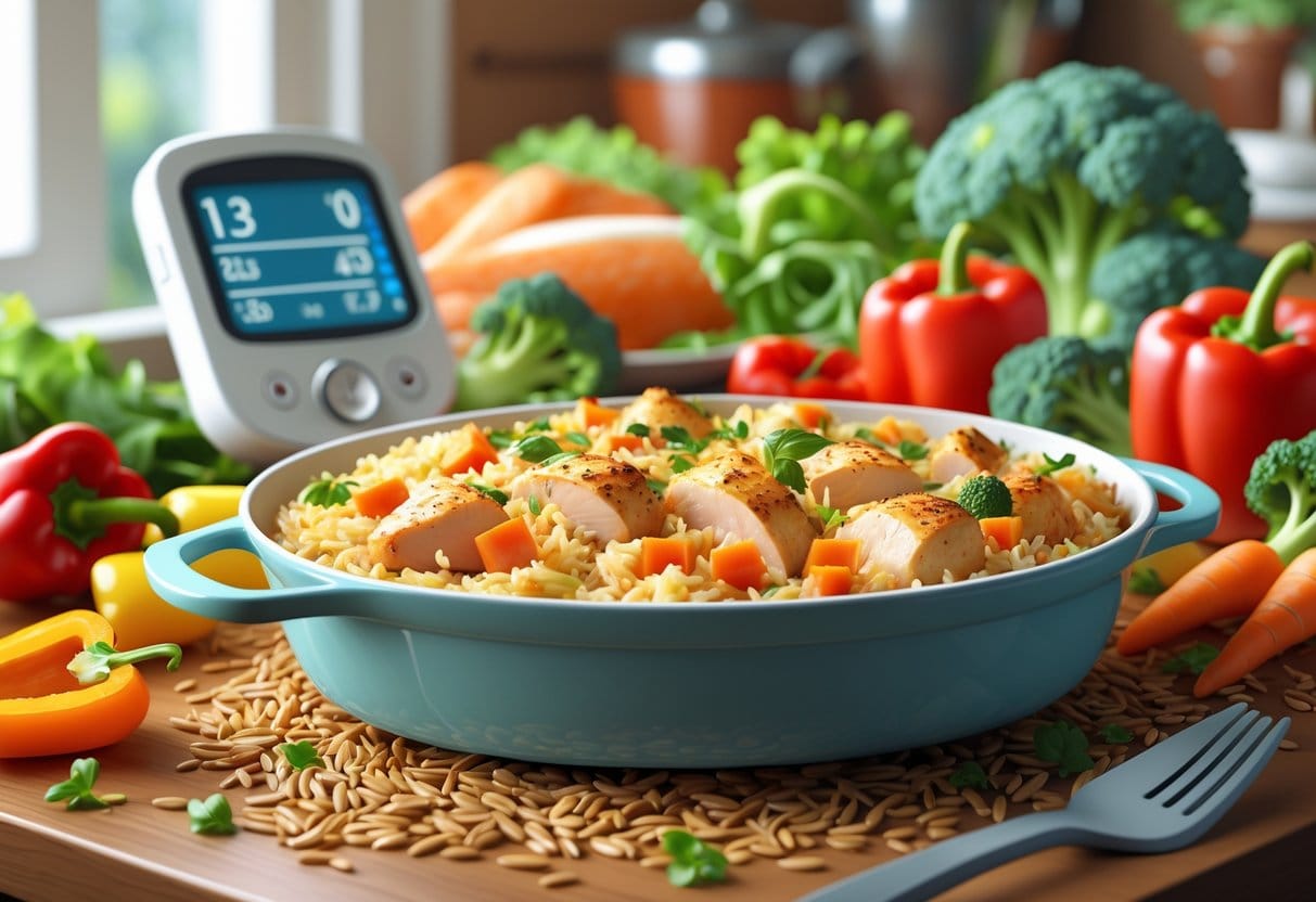 A kitchen table with a chicken and rice casserole surrounded by fresh vegetables and a glucose monitor in the background.