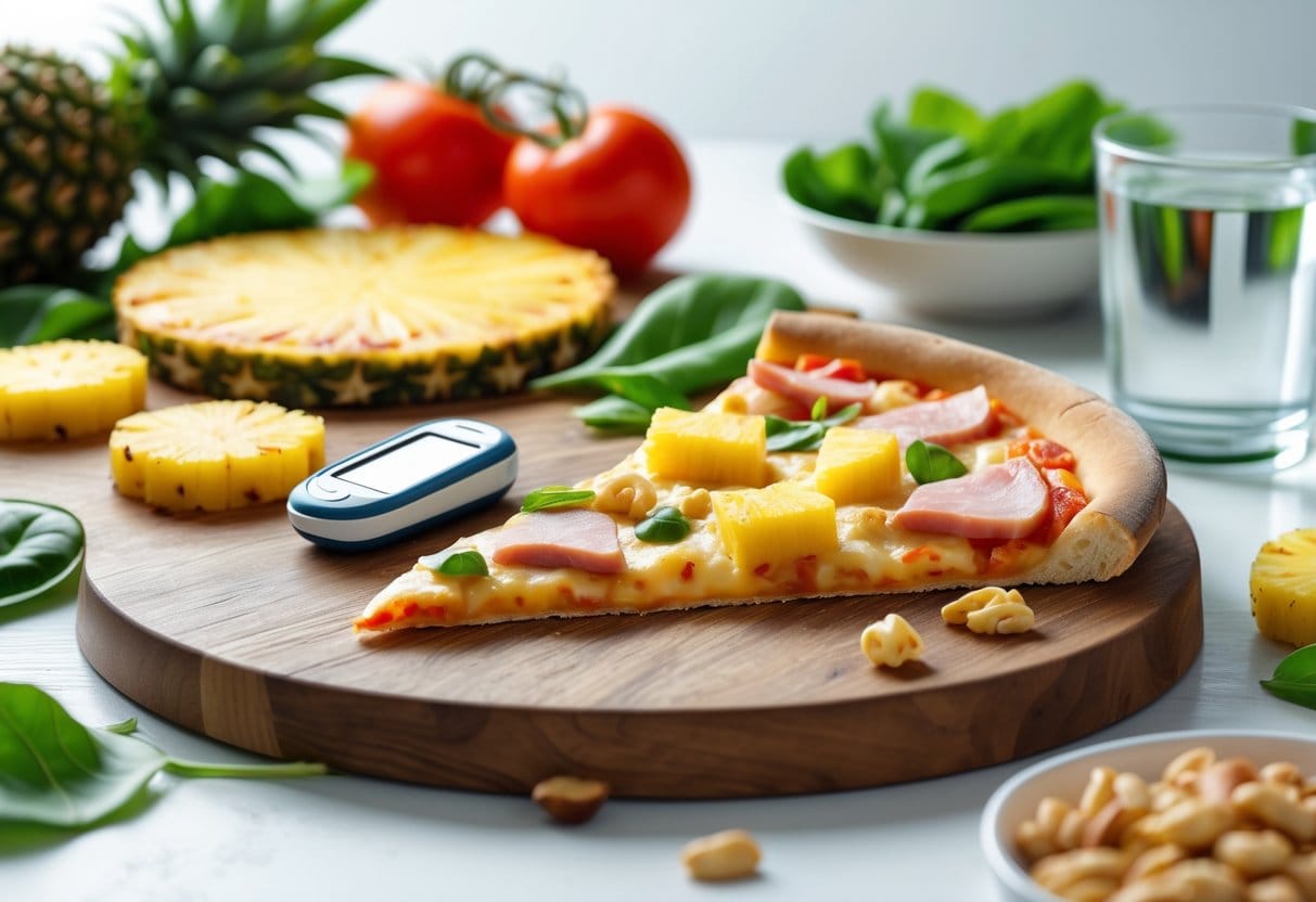 A close-up of a Hawaiian pizza slice on a wooden board surrounded by fresh pineapple, vegetables, nuts, and a glass of water.