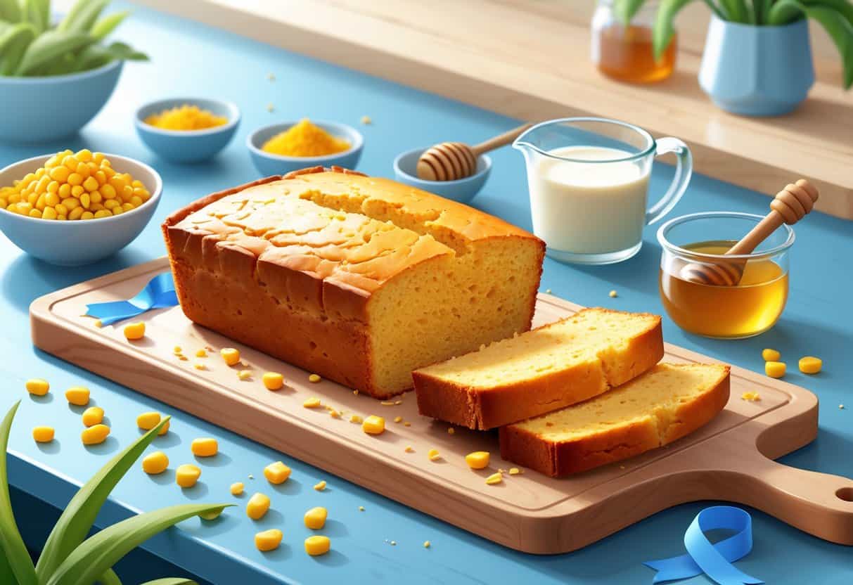 A freshly baked sweet cornbread loaf sliced on a wooden cutting board surrounded by corn kernels and baking ingredients on a kitchen counter.
