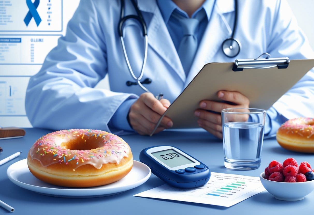 A medical professional examines a glazed donut on a plate, with a glucose meter, fresh berries, and a glass of water on the table, symbolizing diabetes management and dietary choices.