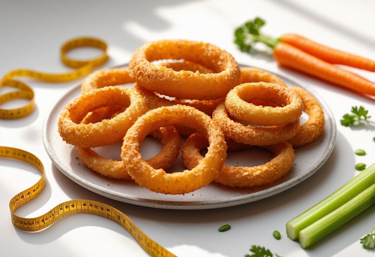 A plate of crispy battered onion rings with a measuring tape and a balanced scale comparing onion rings and fresh vegetables.